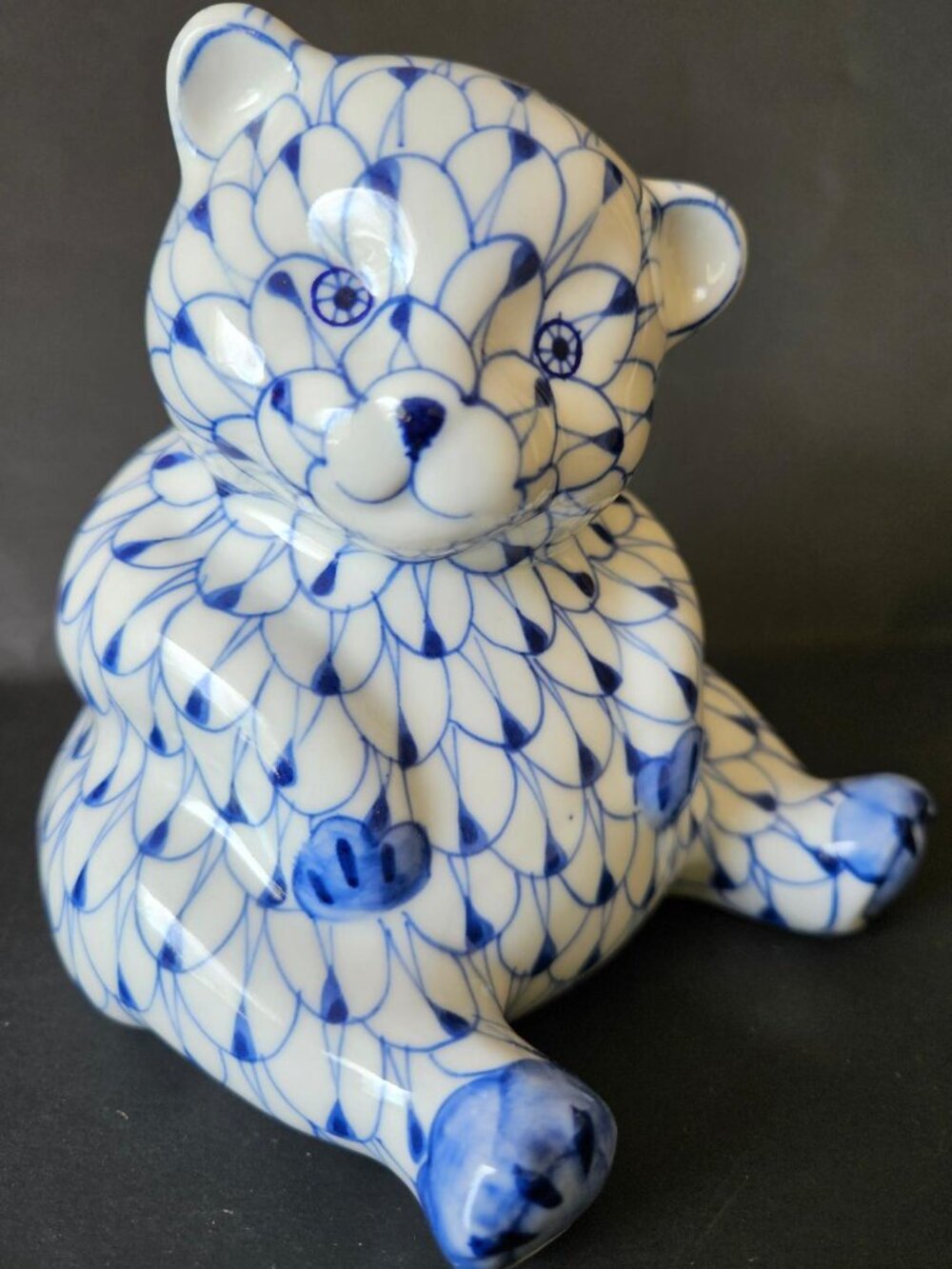 VTG Andrea Sadek porcelain Teddy Bear figurine, blue/white fishnet pattern